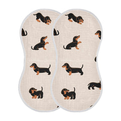 Wellday muslin baby burp cloths with dachshund print - front view showing soft fabric