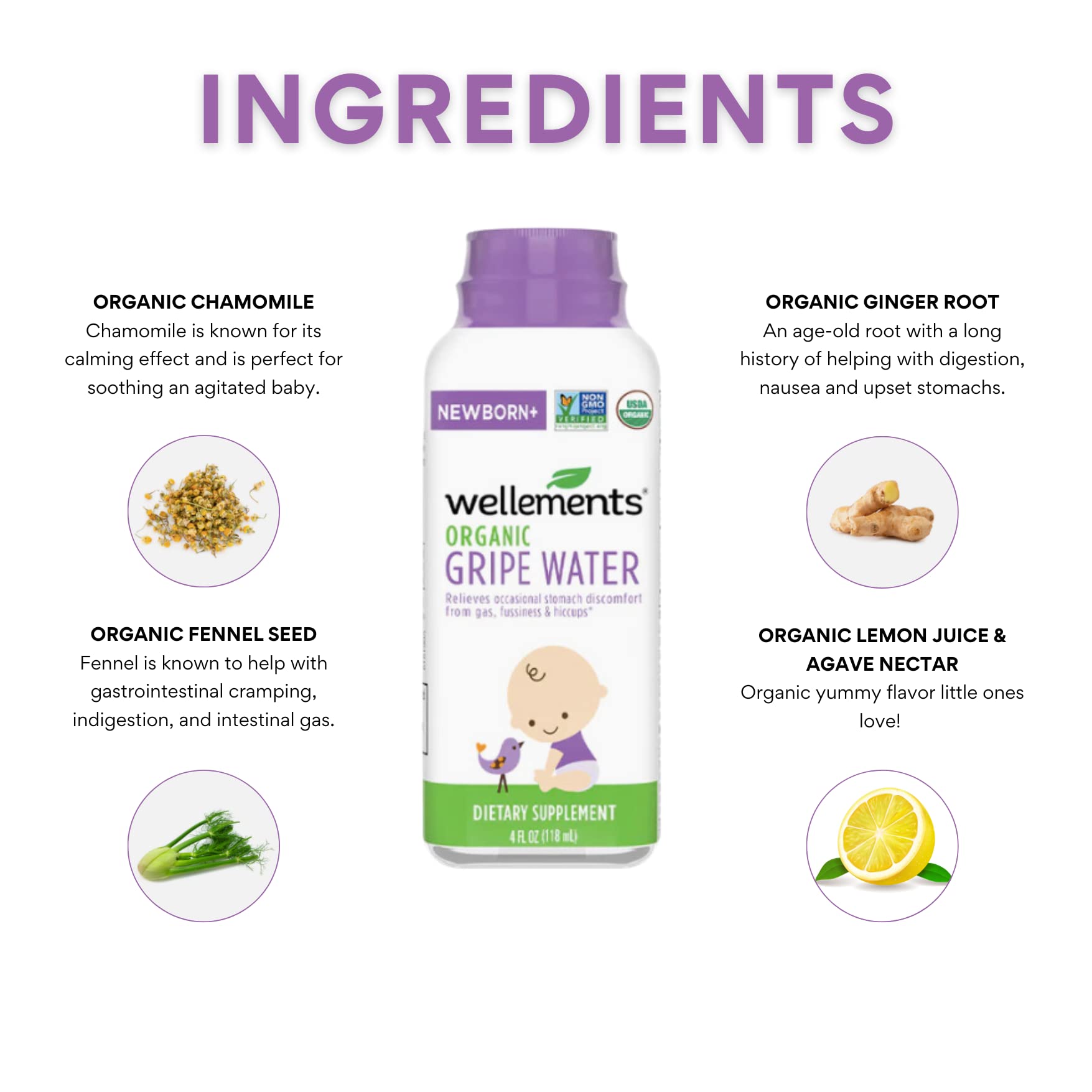 Wellements Gripe Water ingredients chamomile, fennel, and ginger for gentle tummy support.