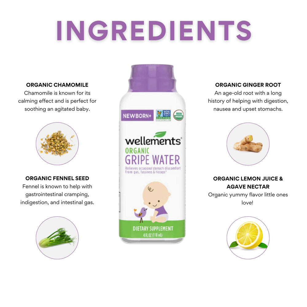 Wellements Gripe Water ingredients chamomile, fennel, and ginger for gentle tummy support.