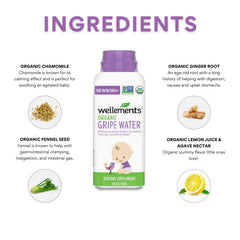Wellements Gripe Water ingredients chamomile, fennel, and ginger for gentle tummy support.