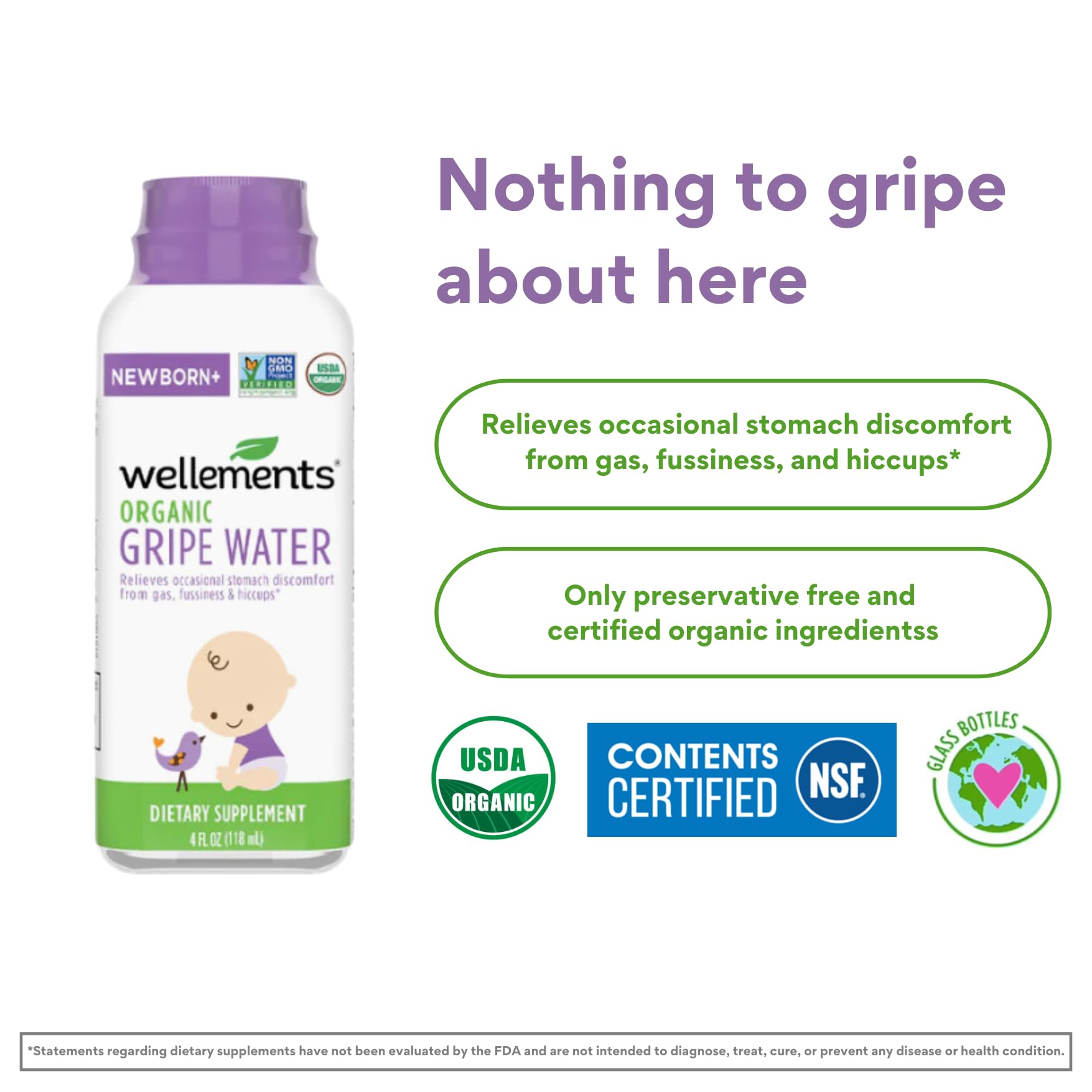 Wellements Gripe Water label shows organic certifications and ingredients.