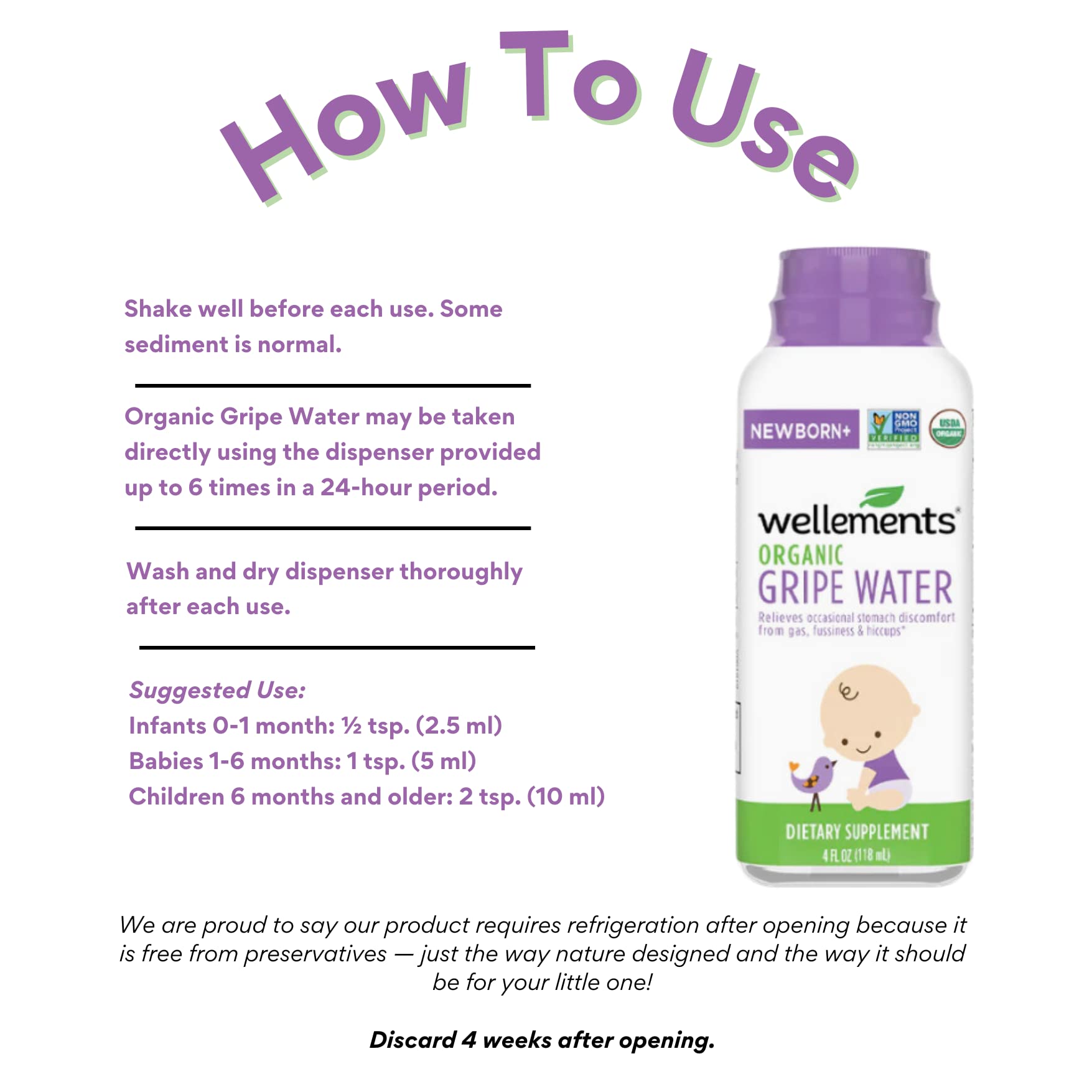 Wellements Gripe Water opened bottle ready for refrigeration.