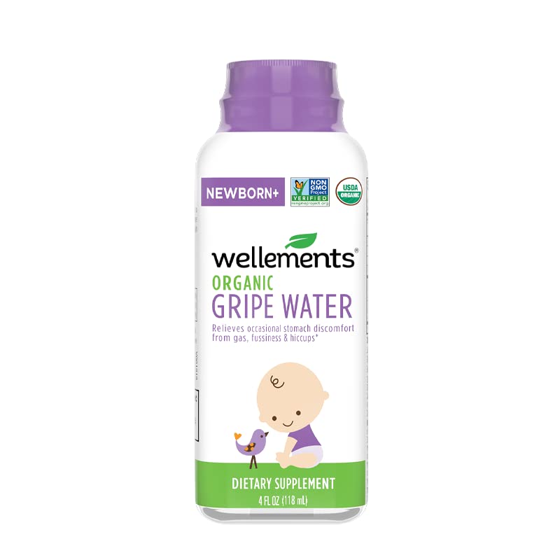 Wellements Gripe Water packaging communicates newborn suitability and safety features.
