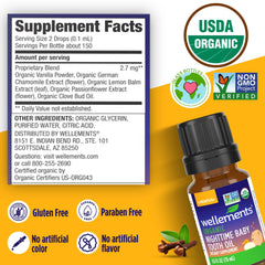 Wellements Nighttime Tooth Oil label closeup highlighting organic ingredients