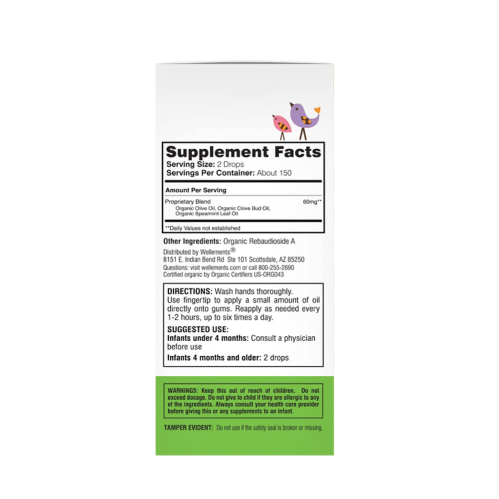 Wellements Organic Baby Tooth Oil application on gums for gentle teething relief.
