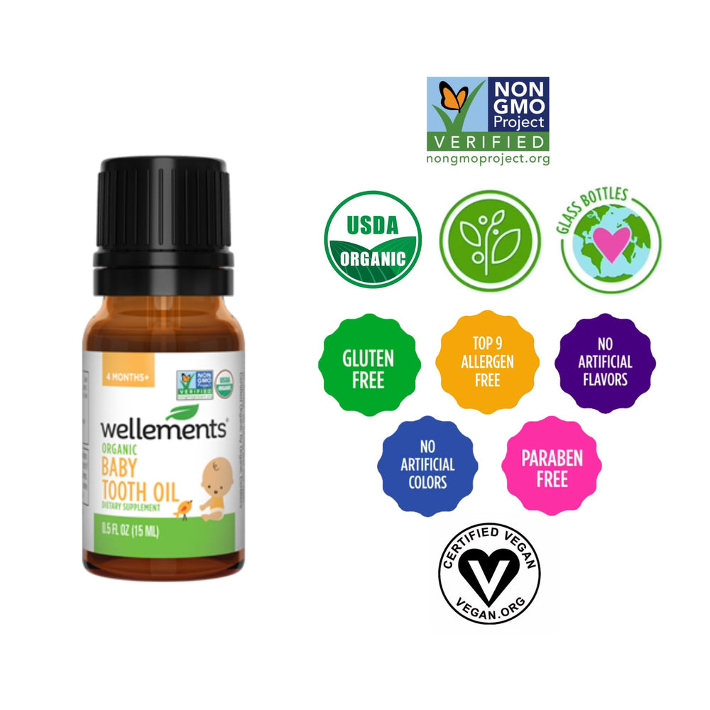 Family-friendly Wellements Tooth Oil used in daily teething routines.