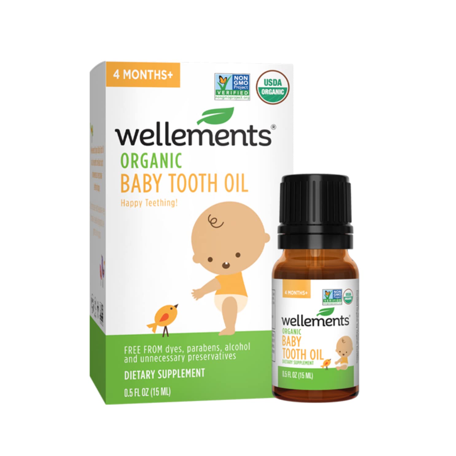 Wellements Organic Baby Tooth Oil packaging showcasing organic ingredients for teething care.