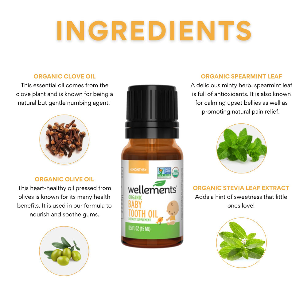 Spearmint and clove drops in Wellements Tooth Oil soothe tiny gums.