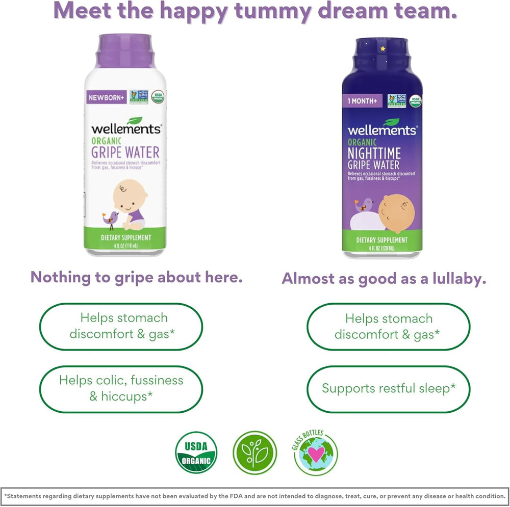 Wellements Organic Gripe Water Baby Use Scenario shows a calm infant