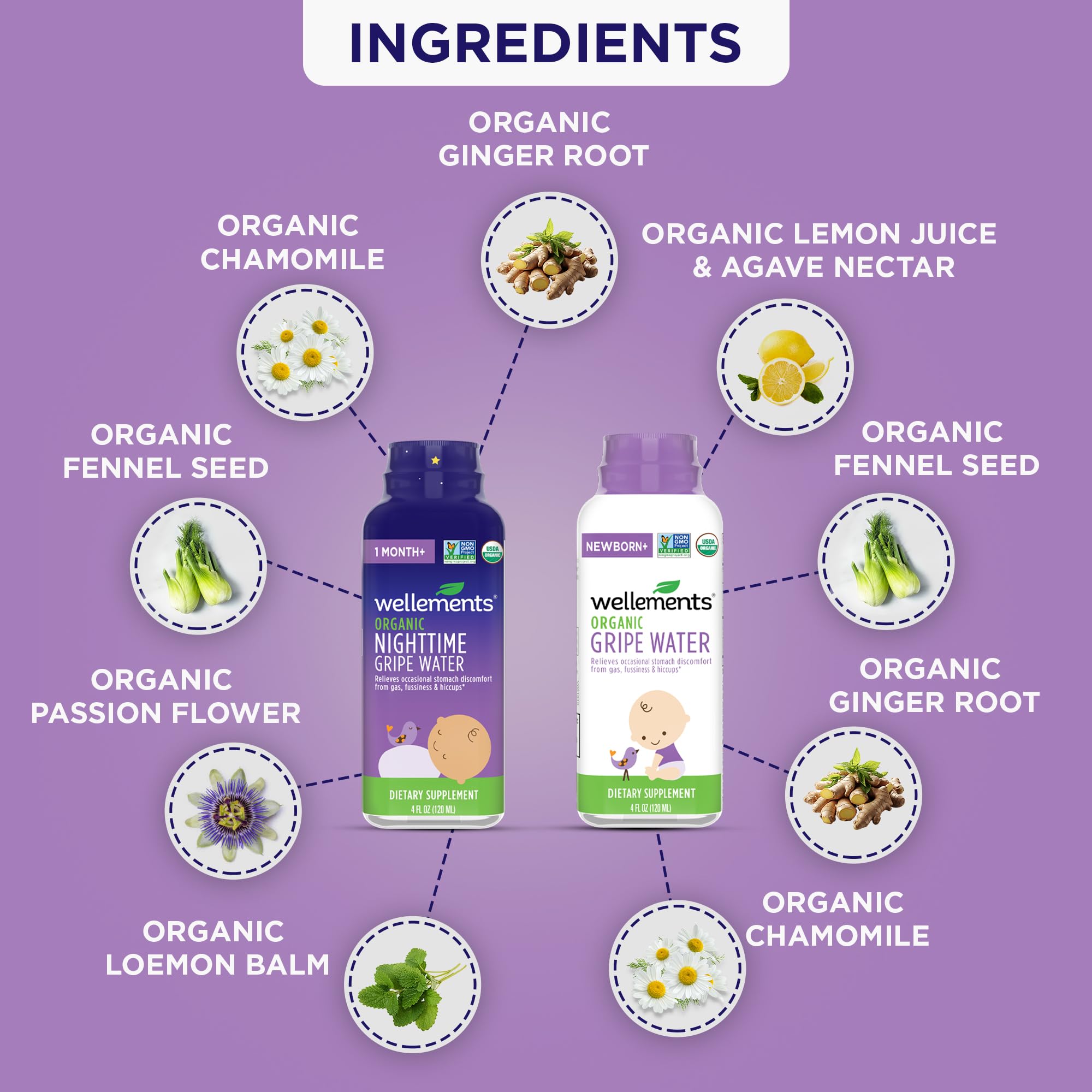 Wellements Organic Gripe Water Label Certifications highlight organic standards
