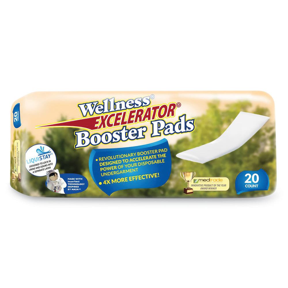 Wellness Excelerator Booster Pads packaging shows discreet, high-absorbency protection.