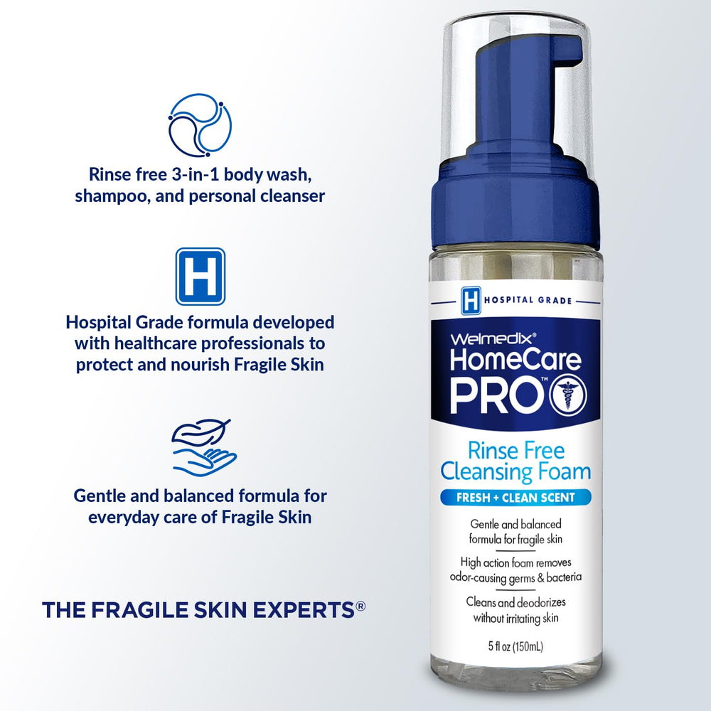 Welmedix foam being applied to hair and skin for gentle cleansing without water