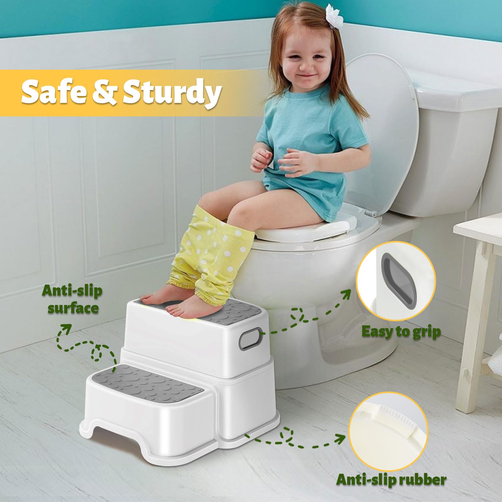 Non-slip bottom grips surfaces for secure footing on bathroom floors.
