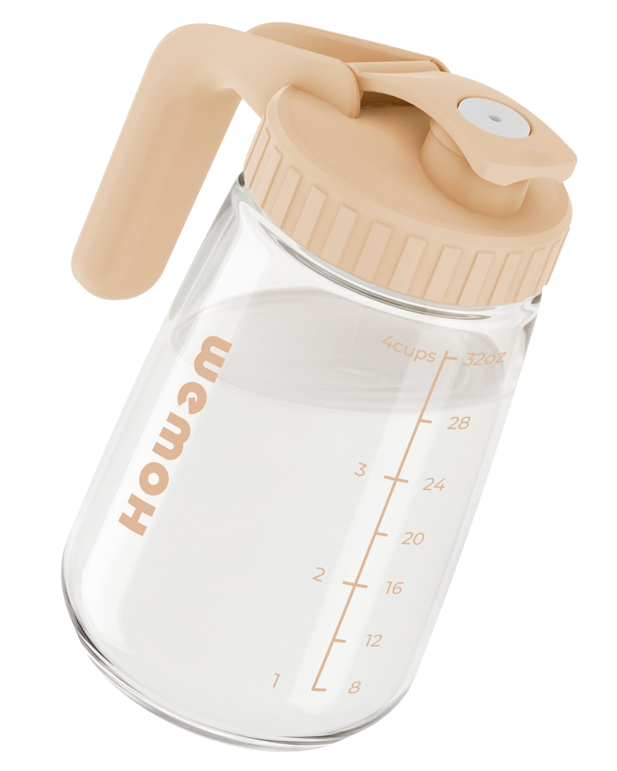 WEMOH 32oz breast milk pitcher features glass construction for sturdy storage on the go.