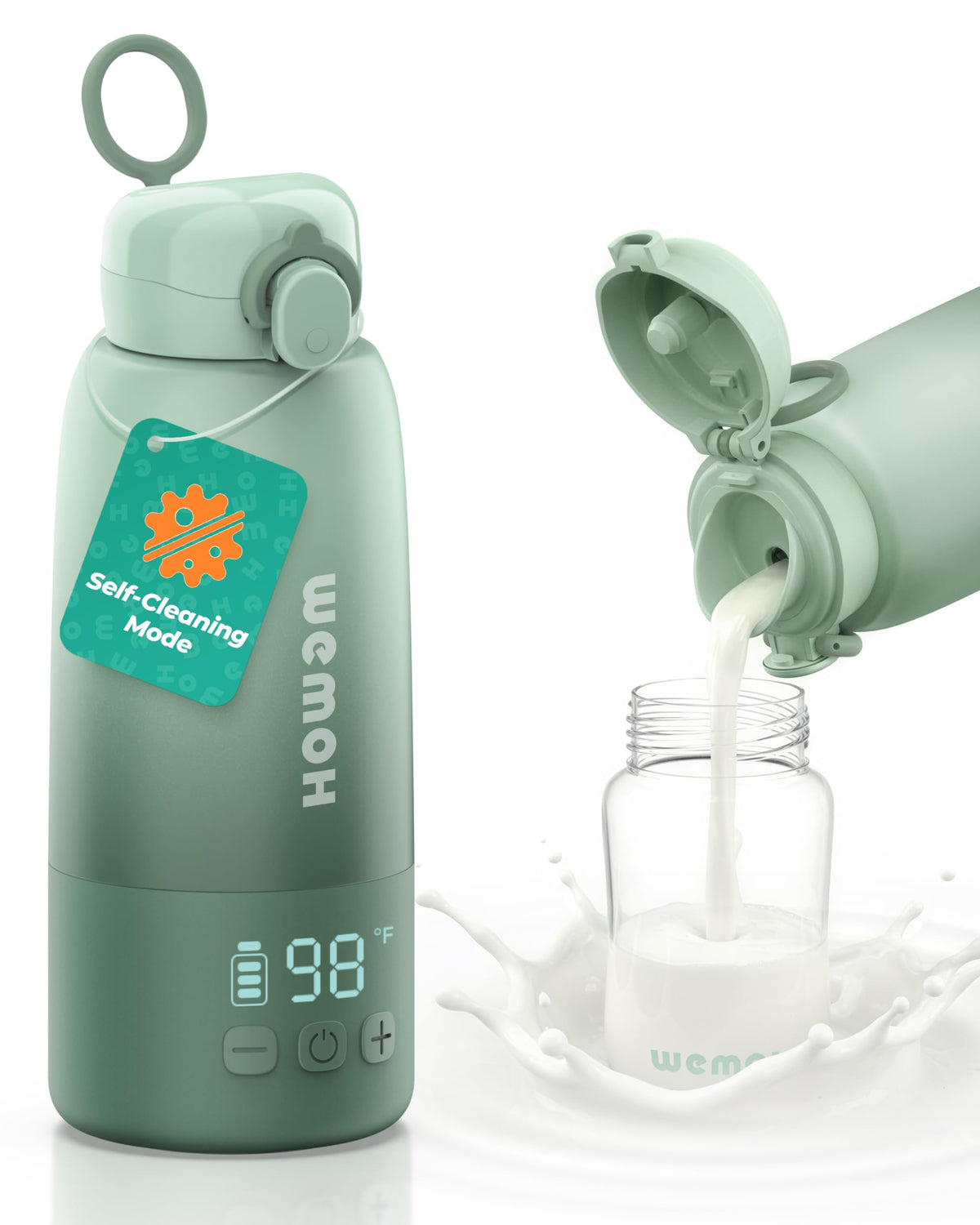 WEMOH upgraded milk warmer with self-clean front view for hygienic feeding on the go.