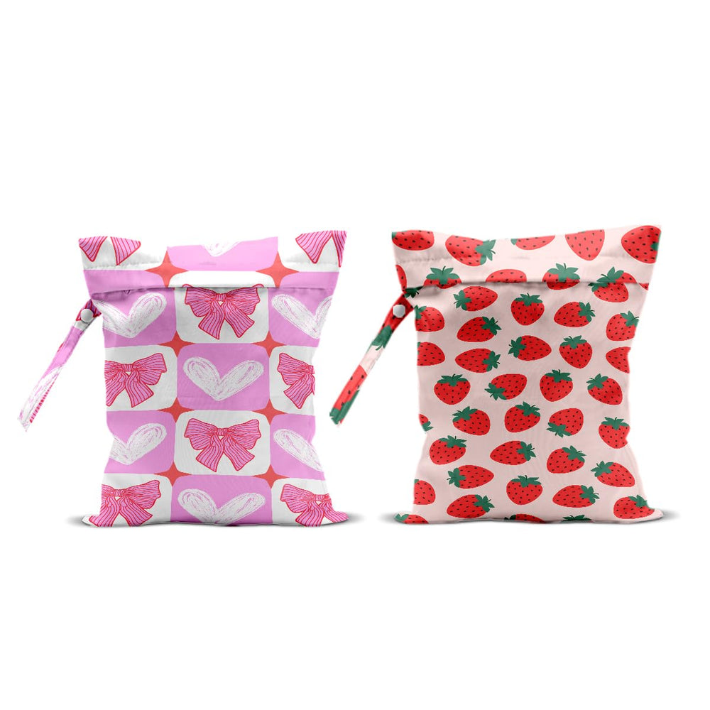 Wenboco pink bow strawberry print wet bag keeps wet items organized on trips