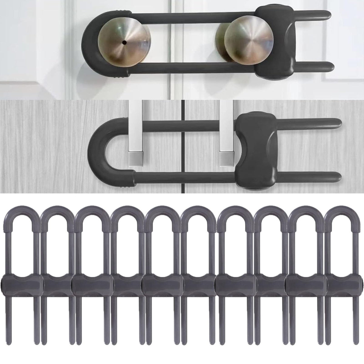 WENPENG sliding cabinet locks on a kitchen cabinet handle for quick child safety.