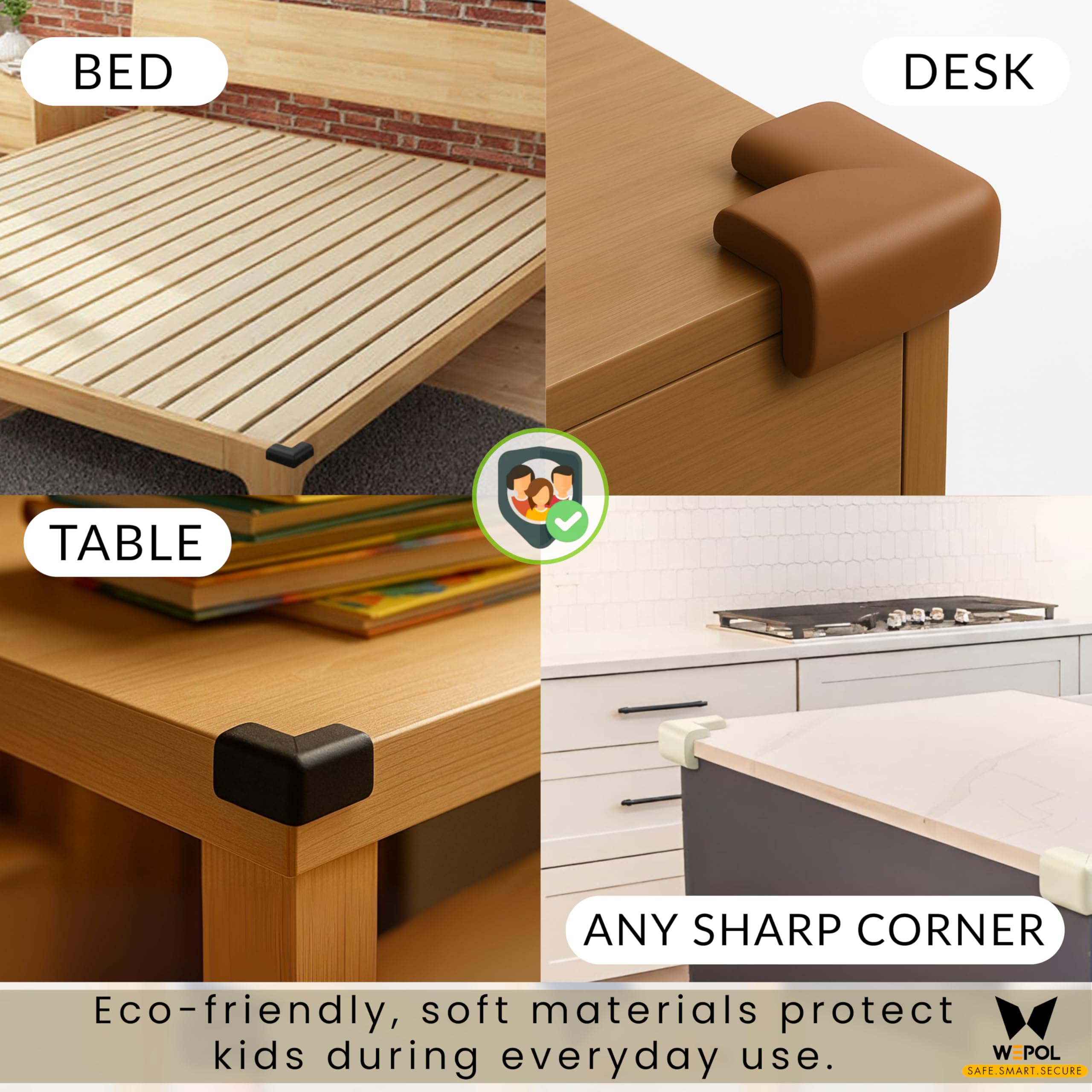 WEPOL baby safety corner guards on a bed frame reducing sharp edge risk.
