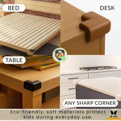 WEPOL baby safety corner guards on a bed frame reducing sharp edge risk.