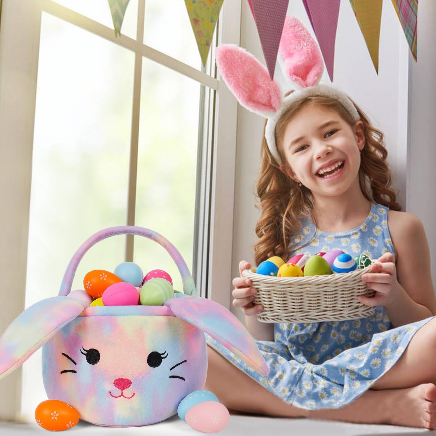 Wepop Easter Bunny Basket fabric close-up showing colorful texture and durability