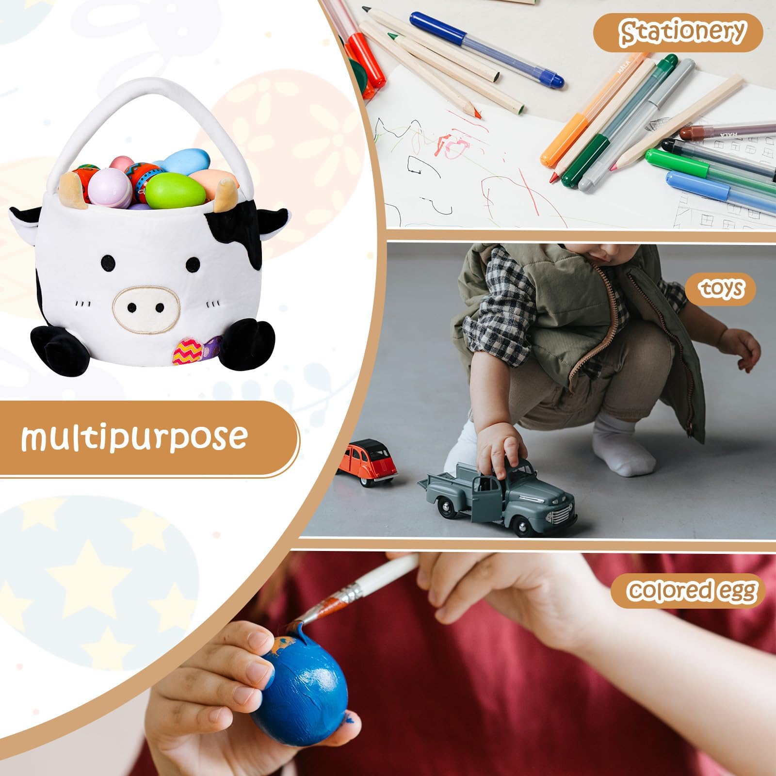 Wepop Easter cow basket machine washable for quick cleanup.