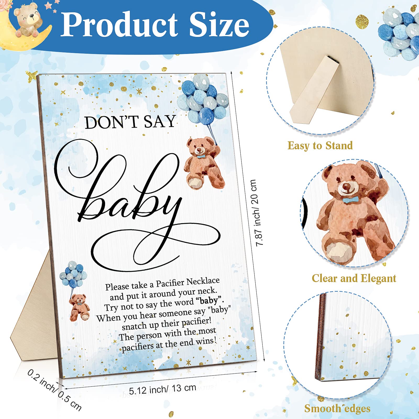 Wesiti blue acrylic pacifier necklaces as party favors.