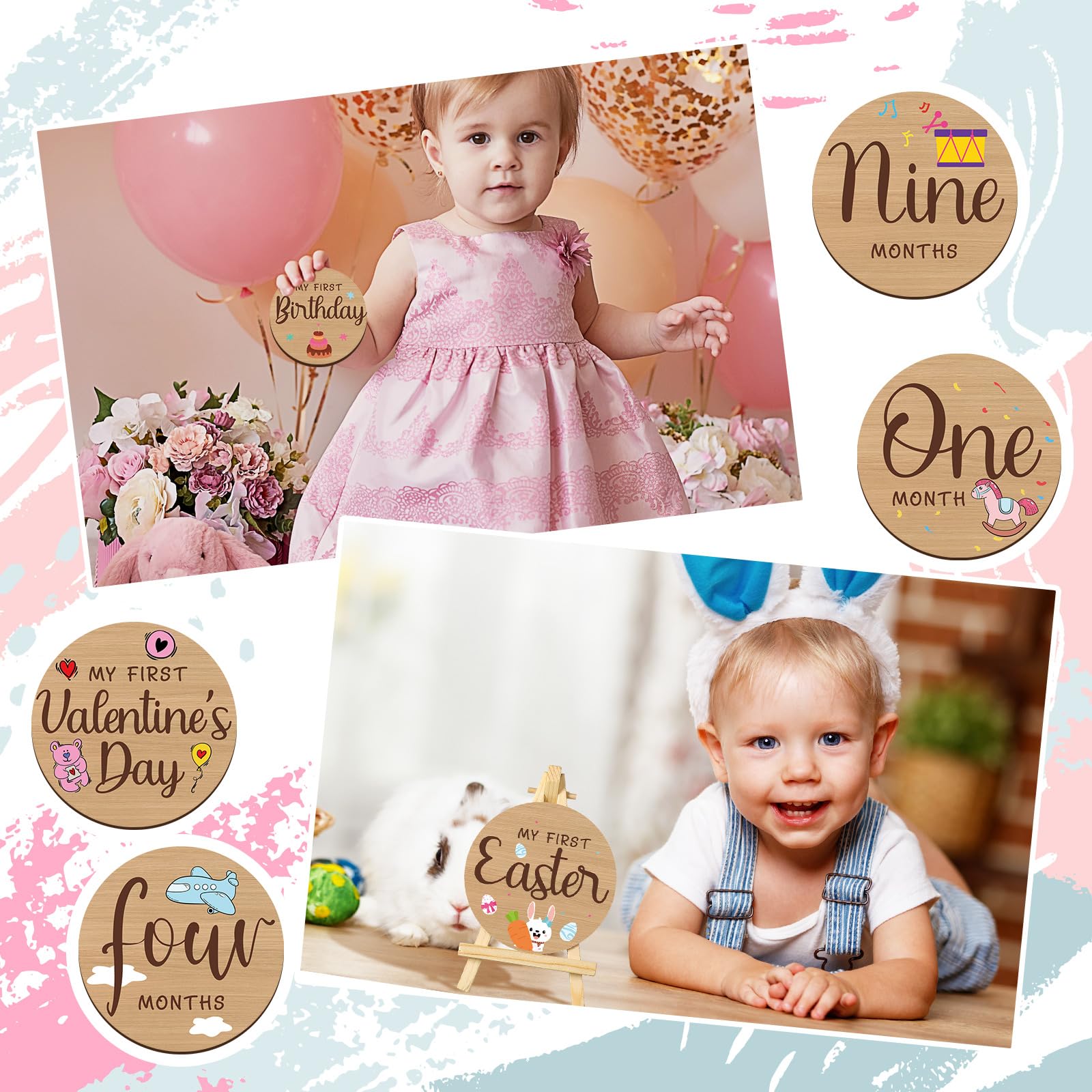 Wesiti double-sided milestone cards showing month numbers and holidays