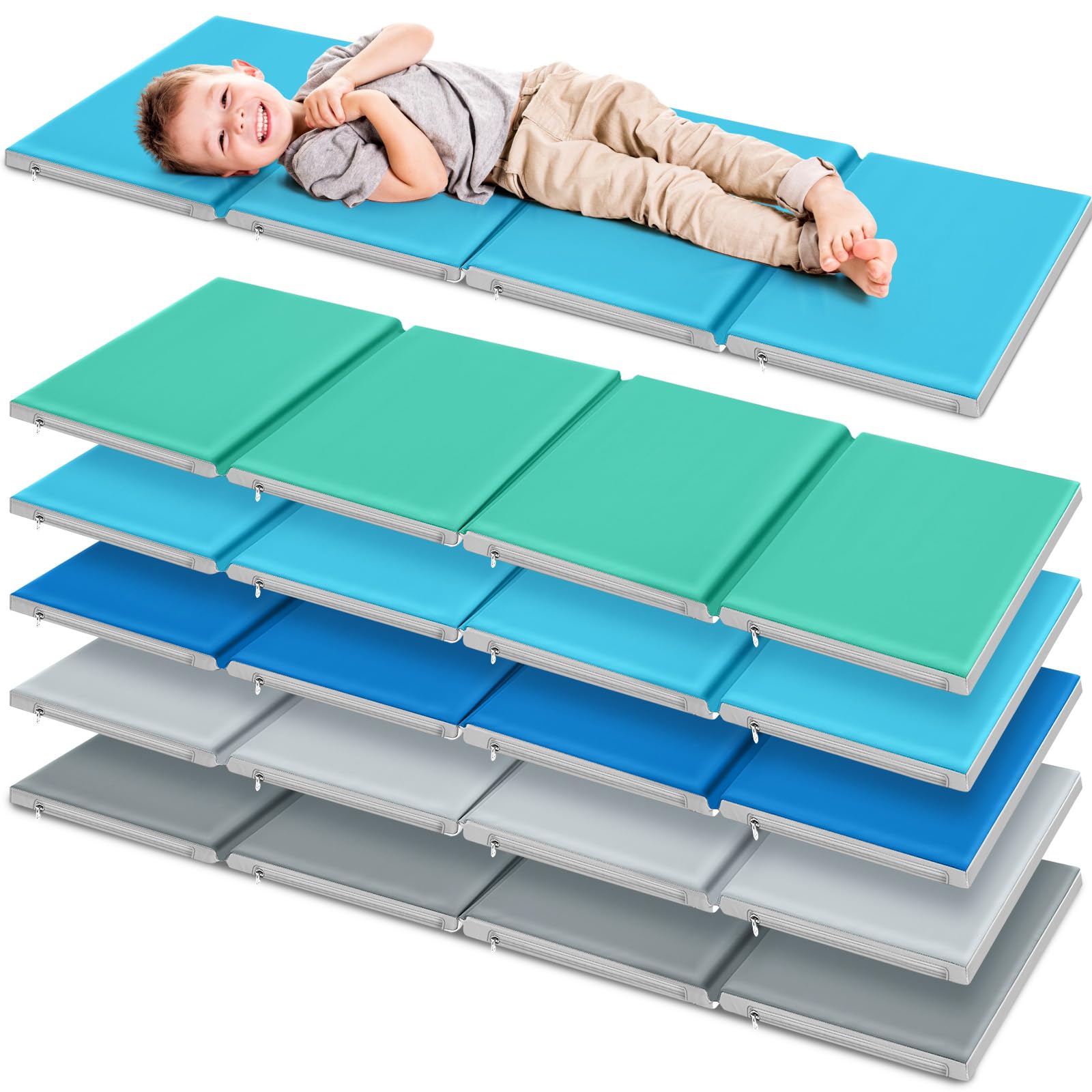 Wesiti nap mats folded compactly for easy storage in a classroom or home.