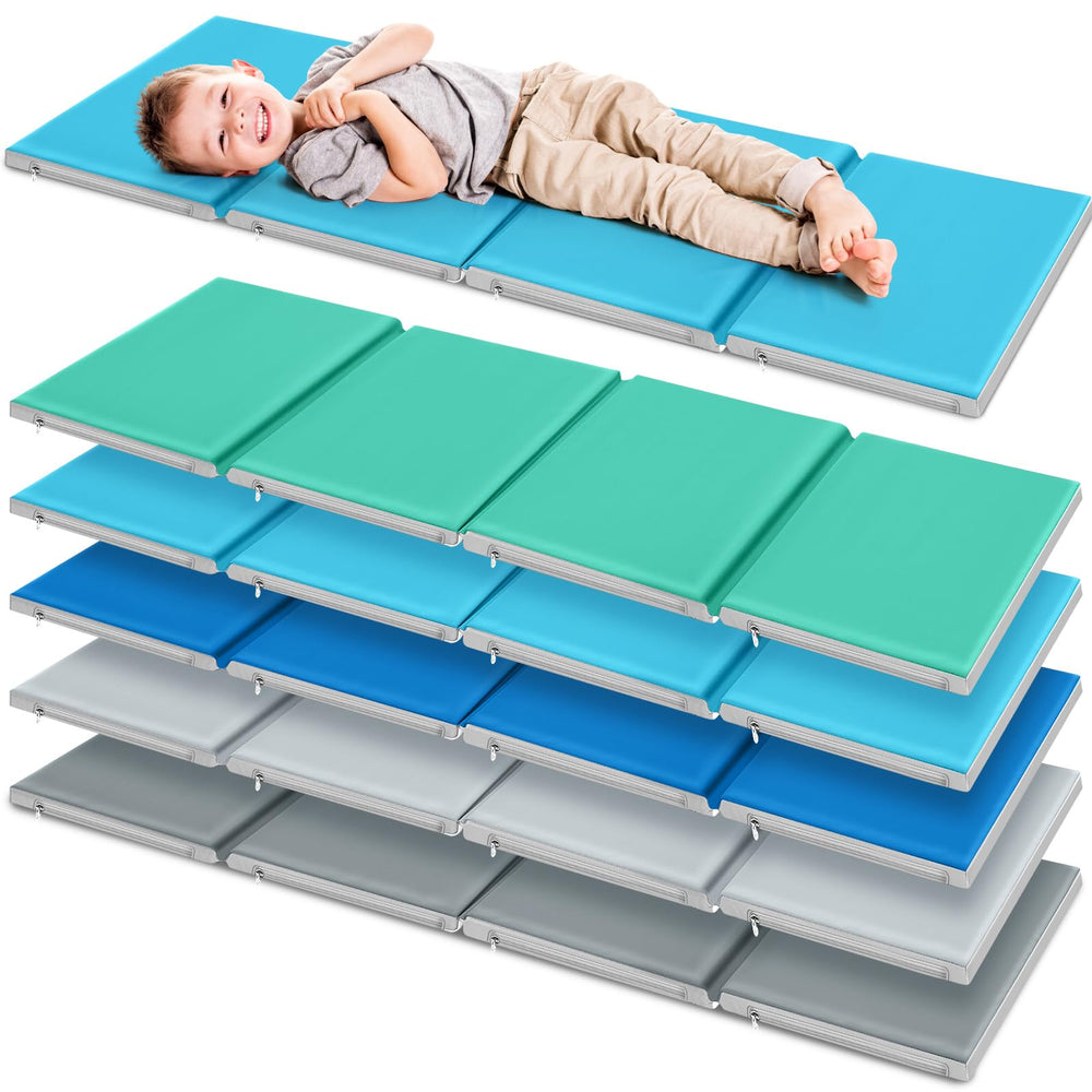 Wesiti nap mats folded compactly for easy storage in a classroom or home.