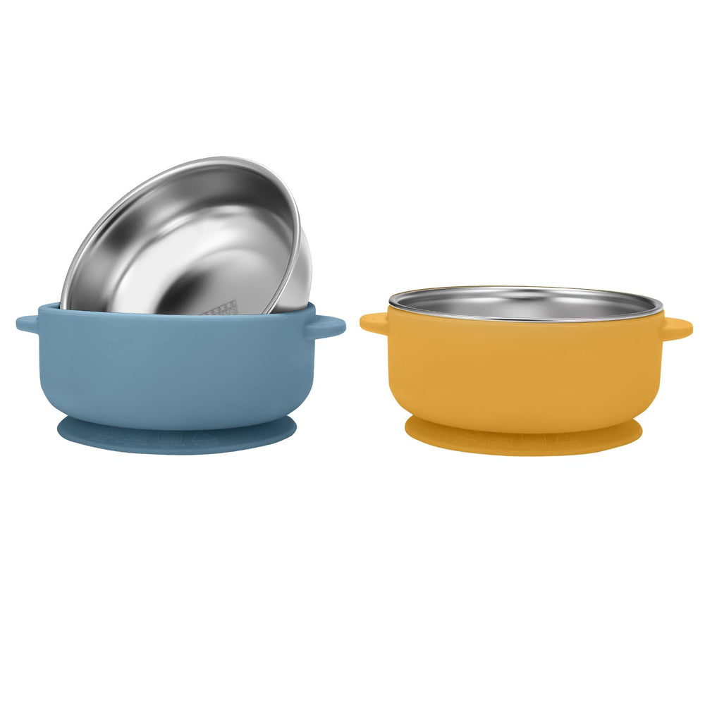 Wesketch blue-yellow baby bowls duo set showing stable mealtime setup.