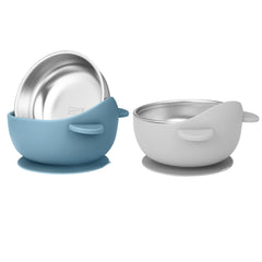 Wesketch baby bowls with suction base securing on surfaces to prevent spills.