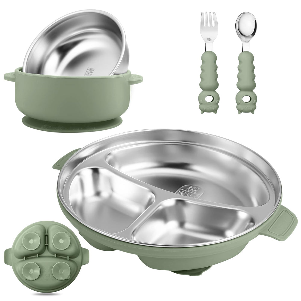 Wesketch green baby plate with suction base on a high chair tray, mess-free mealtime.