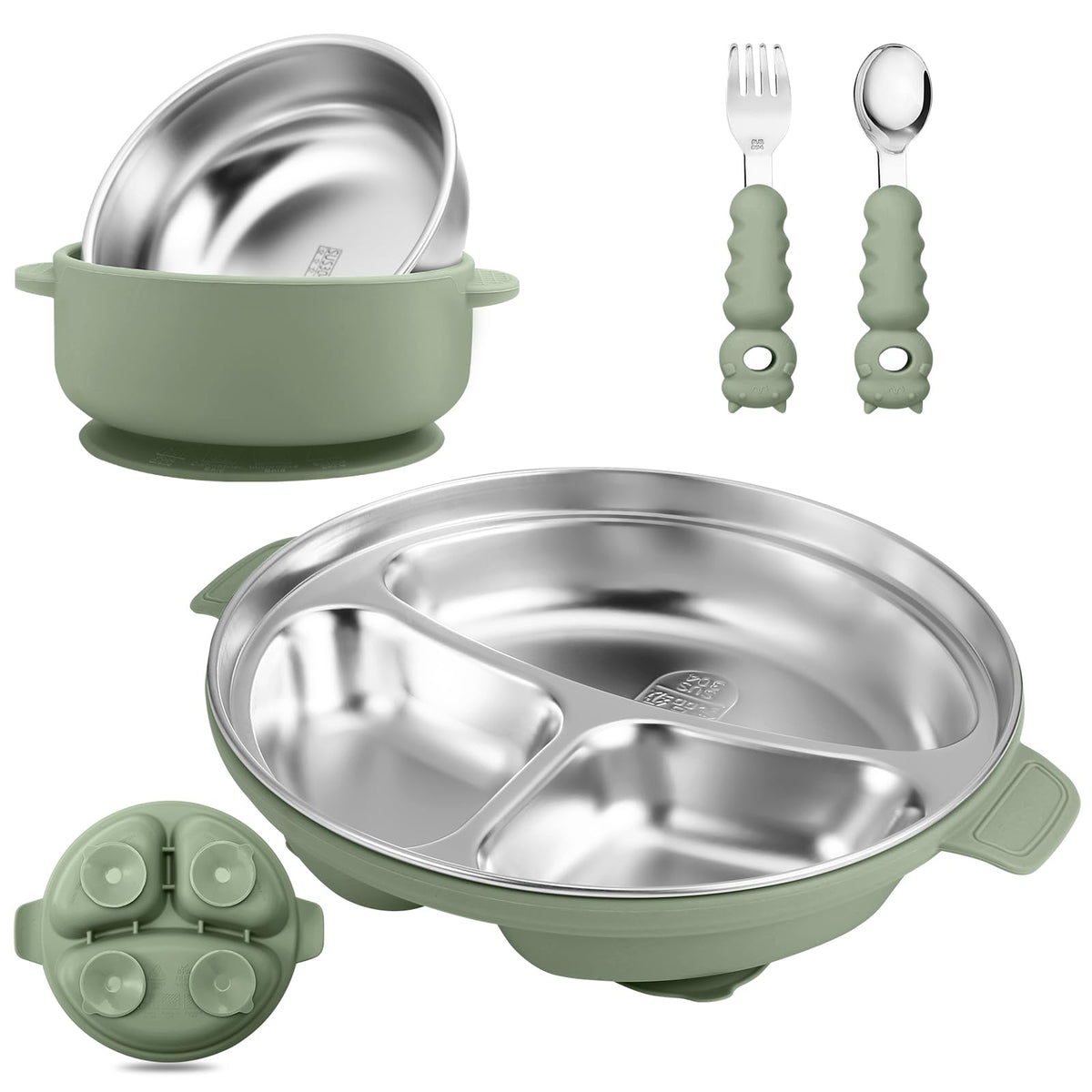 Wesketch green baby plate with suction base on a high chair tray, mess-free mealtime.