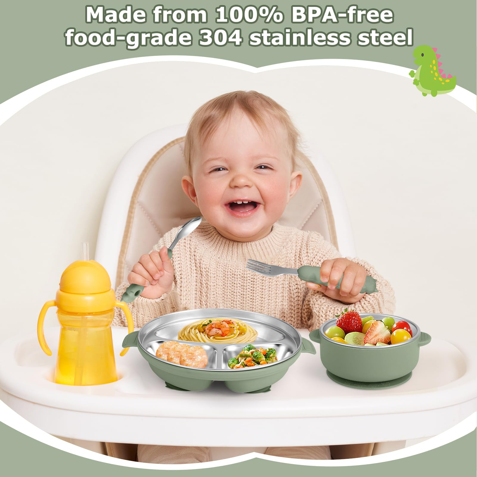 Wesketch green baby plate with deep compartments for versatile meals.