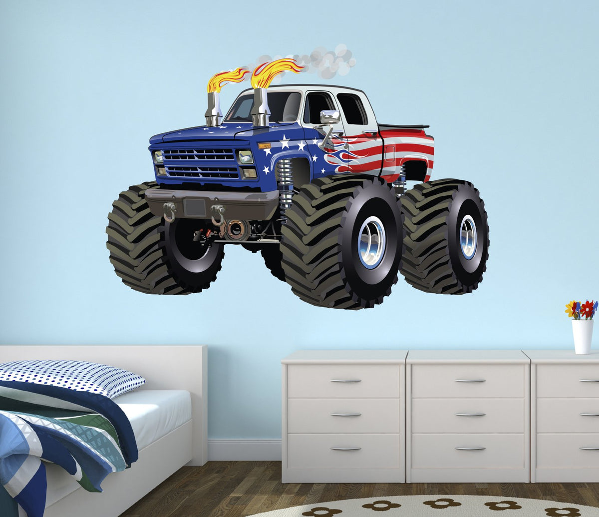 West Mountain flag monster truck wall decal on a nursery wall for bold decor.
