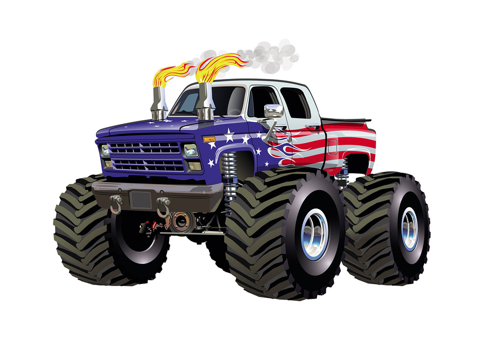 West Mountain monster truck nursery art brightens kids' rooms with playful imagery.