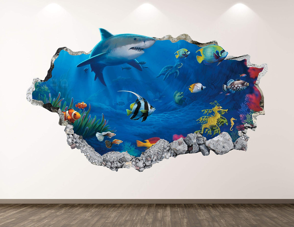 West Mountain Shark wall decal art decor 3D smashed aquarium poster boosts kid's room ambiance