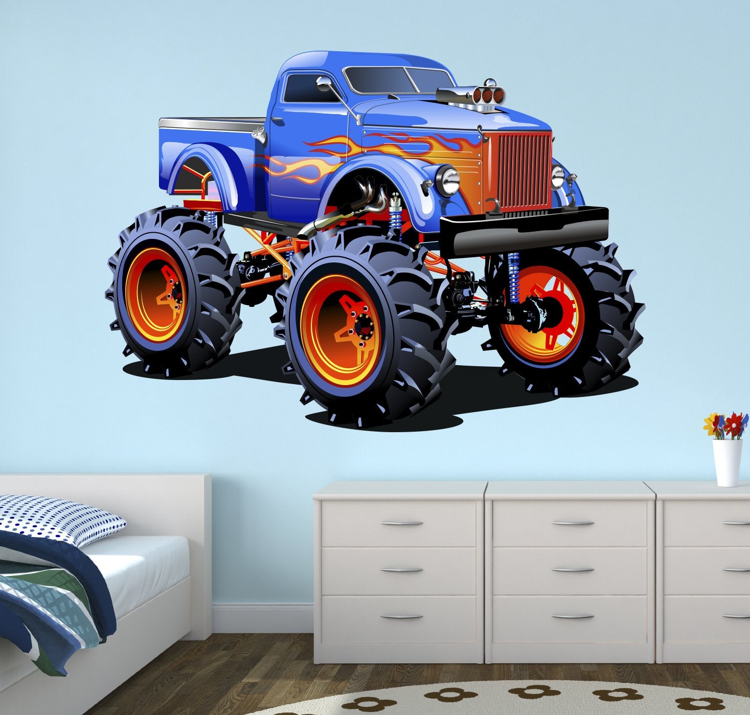 West Mountain Super Monster Truck wall decal brightens nursery wall for imaginative play.