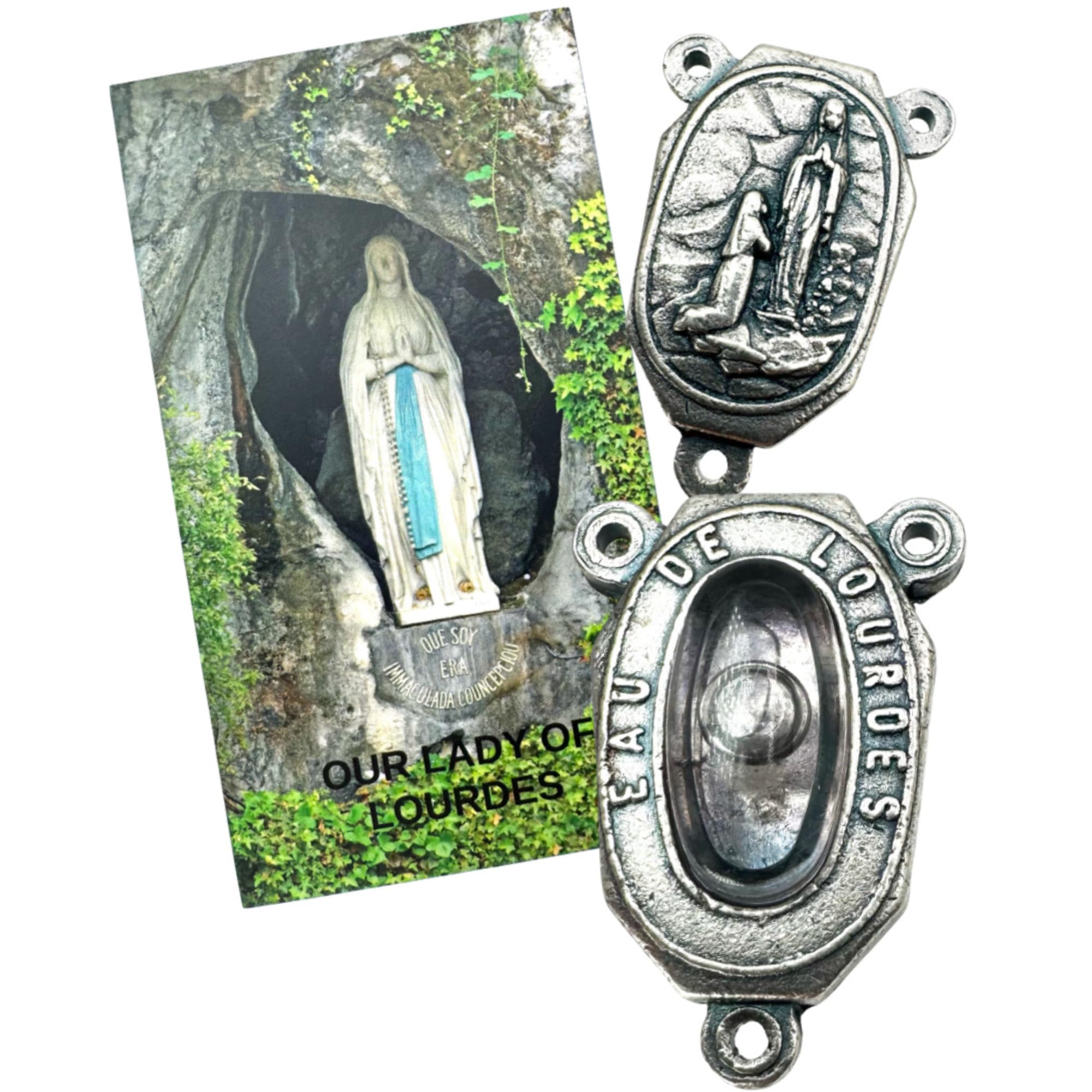 Westmon Works Lourdes Water Centerpiece capsule close-up, authentic Lourdes water for meaningful rosary devotion.