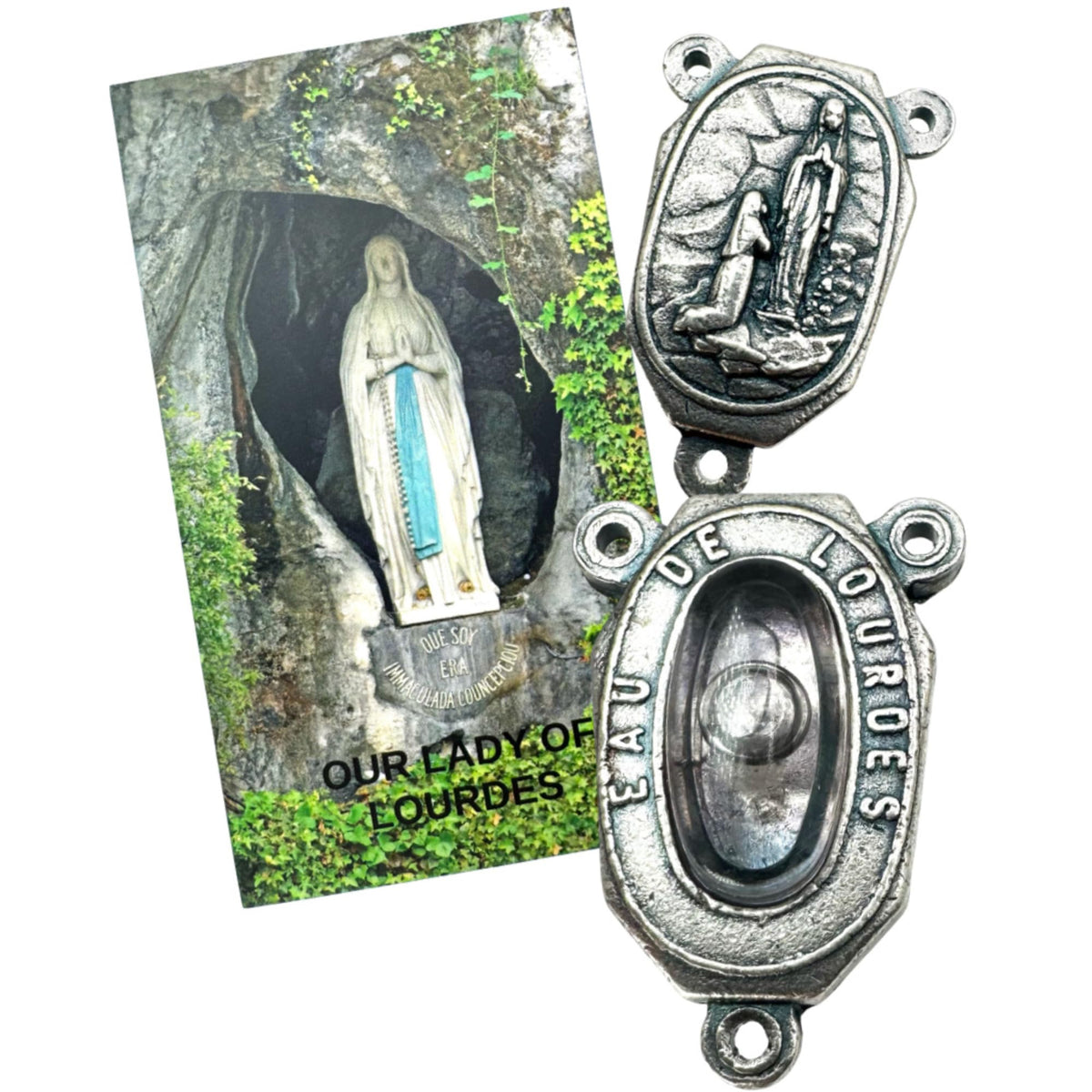 Westmon Works Lourdes Water Centerpiece capsule close-up, authentic Lourdes water for meaningful rosary devotion.