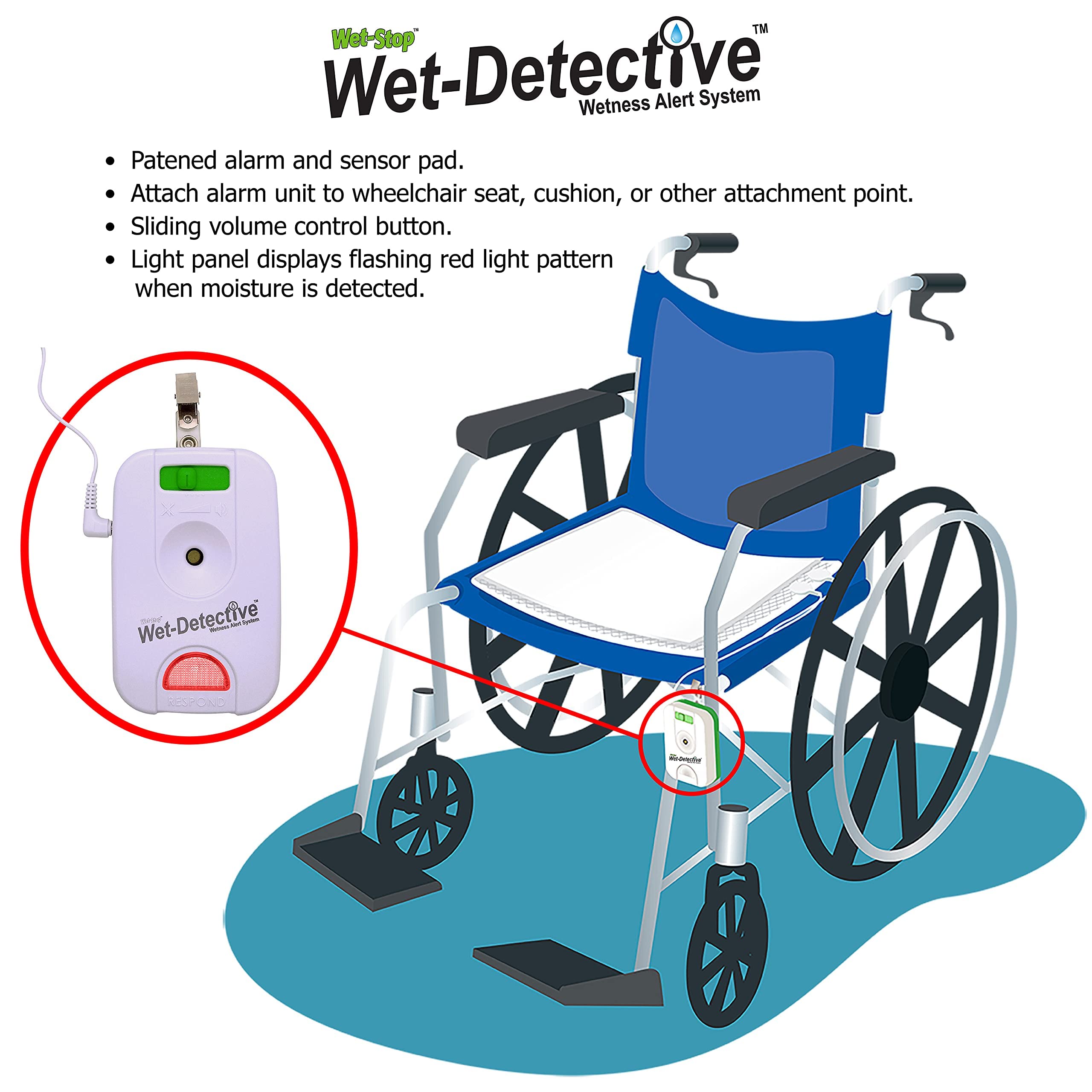 Wet Detective bedside alarm ready to alert with multiple notification options.