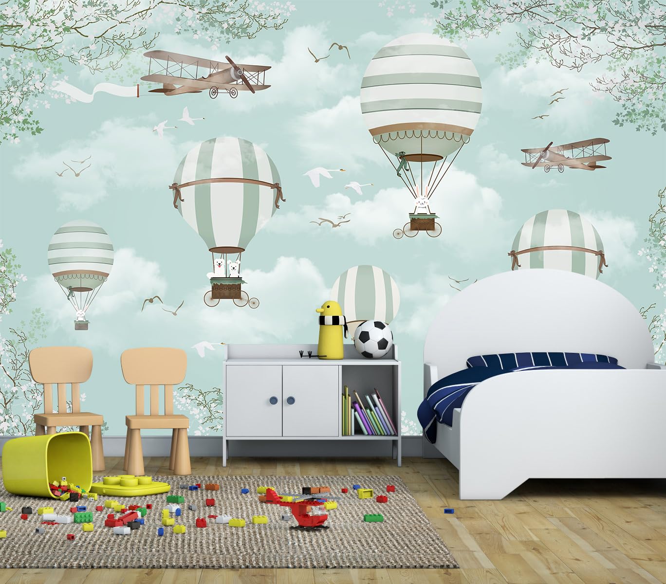 WFBHUA hot air balloon mural with cute animals and airplanes for a bright nursery wall