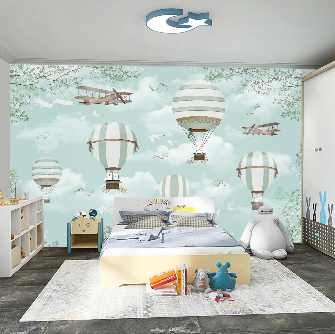 WFBHUA blue nursery wall decor featuring planes and animals for playful learning