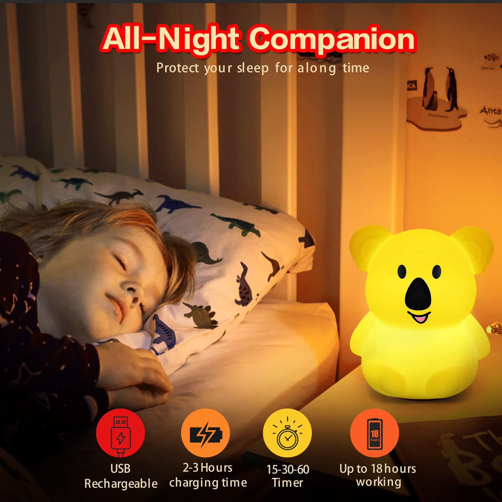 WHA&DARREN Koala Night Light provides non-flicker, eye-friendly LED illumination.