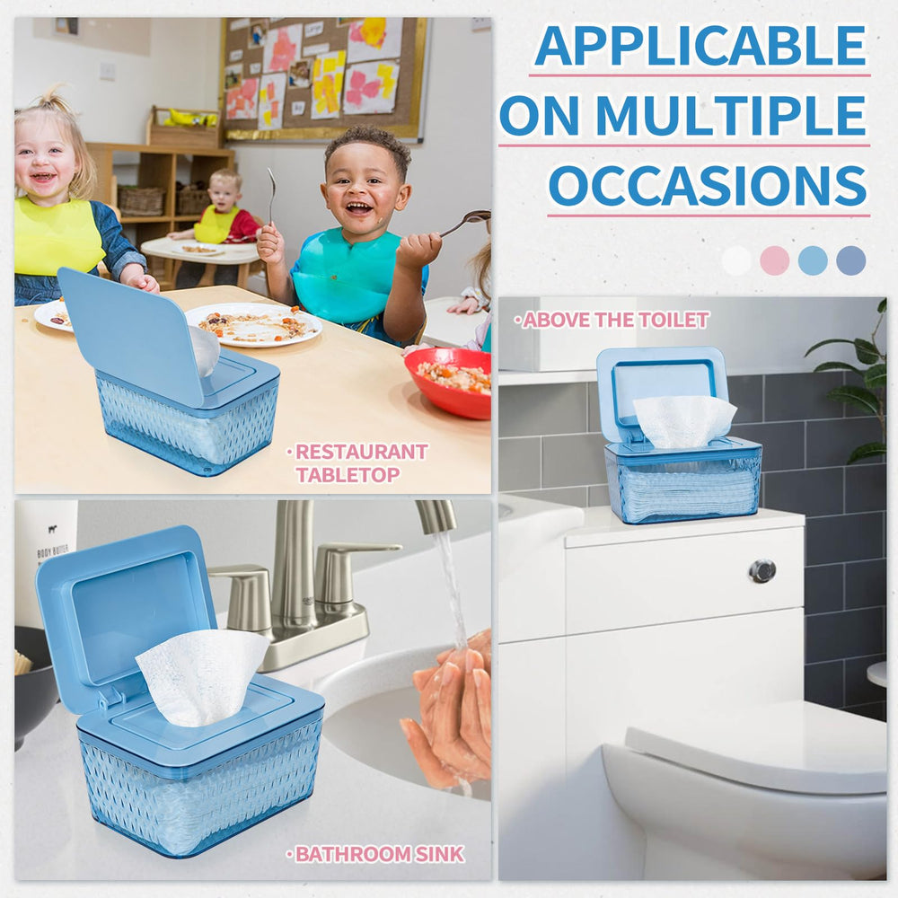 Whiidoom blue wipes dispenser complements bathrooms while keeping wipes accessible.