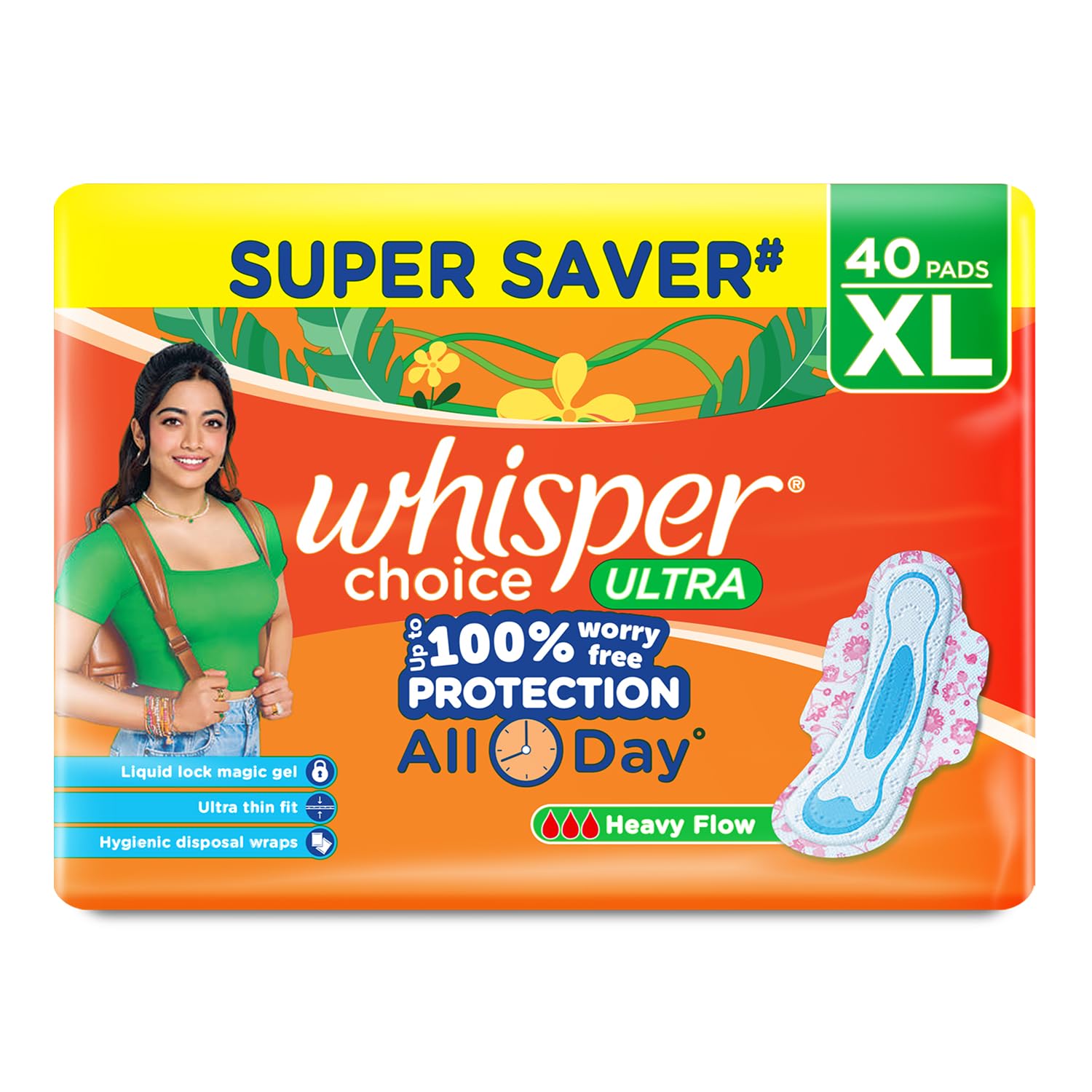 Whisper Choice XL pads with wings in packaging for reliable protection.