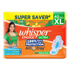 Whisper Choice XL pads with wings in packaging for reliable protection.