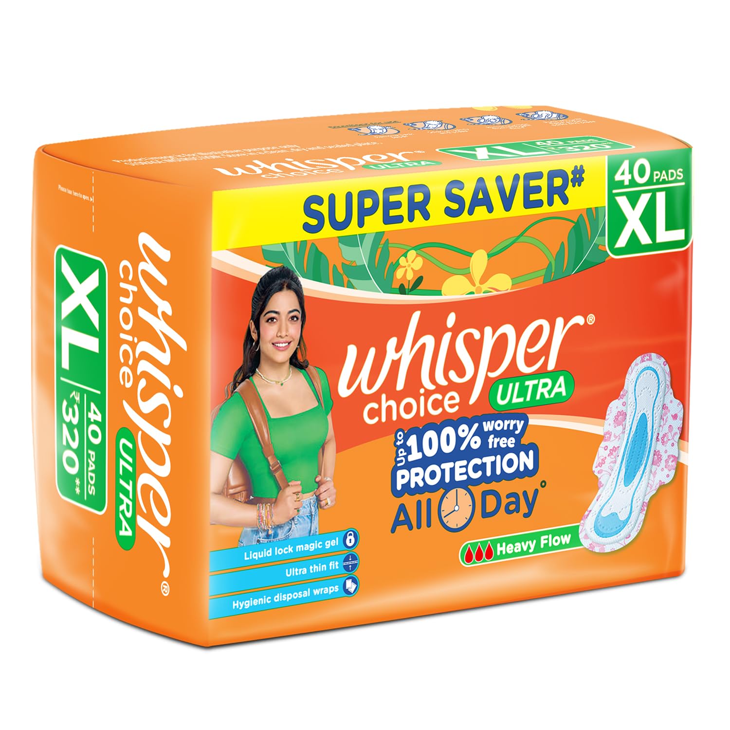 Whisper side safe wings securing panty edges to prevent shifting.