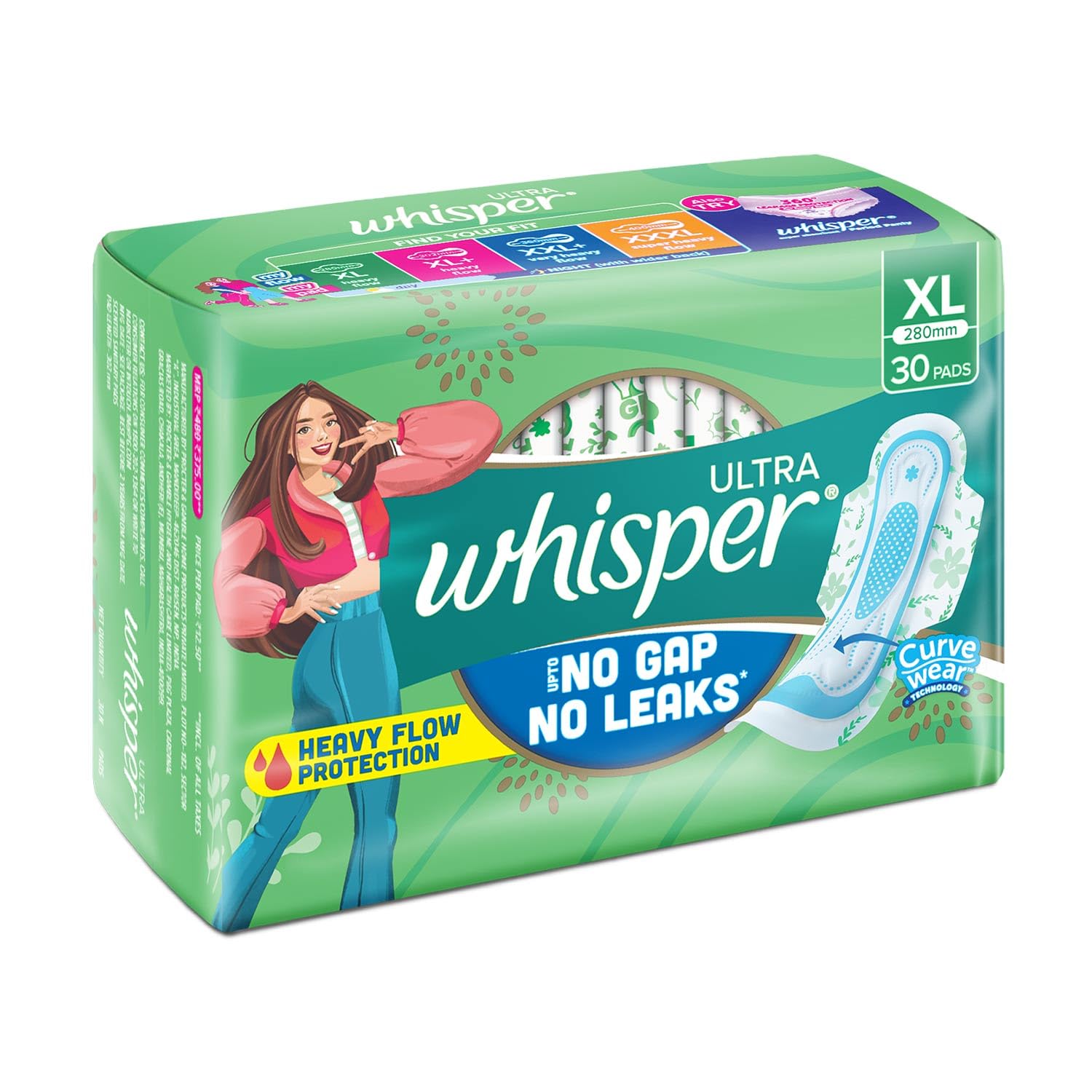 WHISPER Ultra Clean Wings XL balanced design for discreet wear.