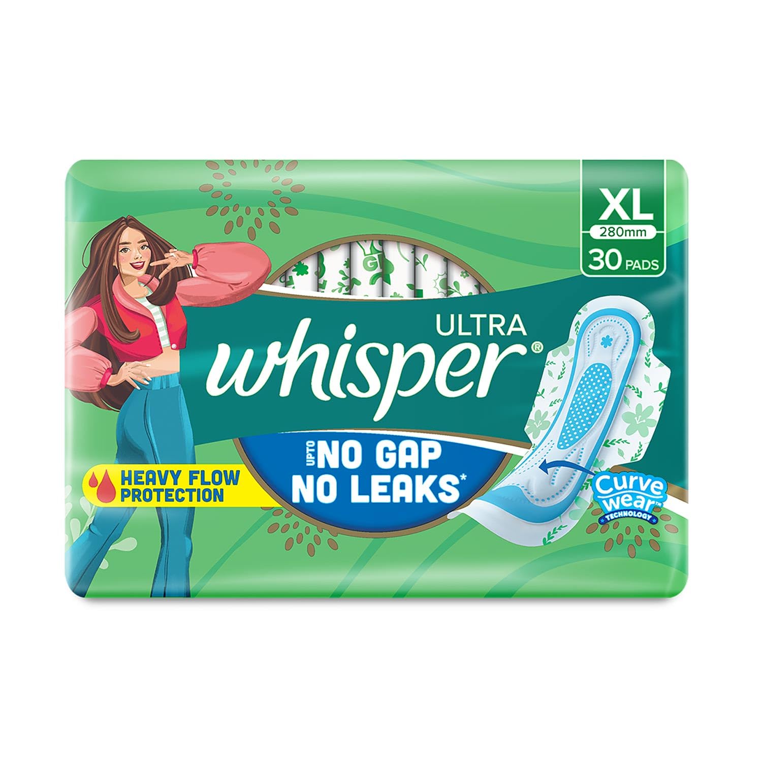 WHISPER Ultra Clean Wings XL leak barrier for peace of mind.